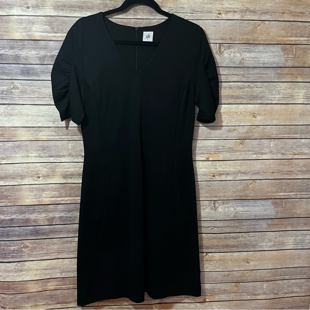 Cabi Little Black Dress Stretch Curvy Size Medium V Neck Ruched Sleeve Pockets